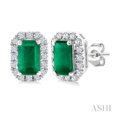 5x3 MM Octagonal Shape Emerald and 1/8 Ctw Round Cut Diamond Halo Precious Stud Earrings in 14K White Gold