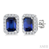 6x4 MM Octagonal Shape Sapphire and 1/4 Ctw Round Cut Diamond Halo Precious Stud Earrings in 14K White Gold