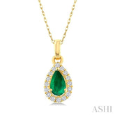 5x3 MM Pear Shape Emerald and 1/20 Ctw Round Cut Diamond Halo Precious Pendant with Chain in 14K Yellow Gold