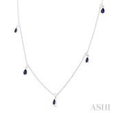 5x3 MM Pear Shape Sapphire and 1/8 Ctw Round Cut Diamonds Precious Station Necklace in 10K White Gold