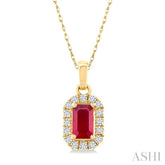 5x3 MM Octagonal Shape Ruby and 1/20 Ctw Round Cut Diamond Halo Precious Pendant with Chain in 14K Yellow Gold