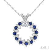 2.5 MM Round Shape Sapphire and 5/8 Ctw Round Cut Diamond Precious Circle Pendant With Chain in 14K White Gold