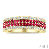3/8 Ctw Twin Row 1.50MM Round Cut Ruby and Round Cut Diamond Border Precious Fashion Band in 14K Yellow Gold