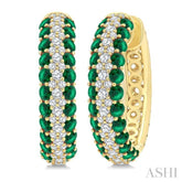 1/2 Ctw 2MM Round Cut Emerald and Round Cut Diamond Precious Hoop Earrings in 14K Yellow Gold