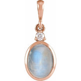 14K Rose Gold 8x6 mm Natural Rainbow Moonstone & .03 CT Natural Diamond Pendant