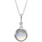 14K White Gold 8 mm Natural Rainbow Moonstone & .03 CT Natural Diamond Cabochon 16-18" Necklace