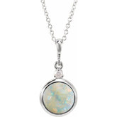 14K White Gold 8 mm Natural White Opal & .03 CT Natural Diamond Cabochon 16-18" Necklace