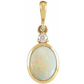 14K Yellow Gold 9x7 mm Natural White Opal & .03 CT Natural Diamond Cabochon Pendant