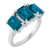 14K White Gold 8x6 mm Emerald Natural London Blue Topaz Three-Stone Ring