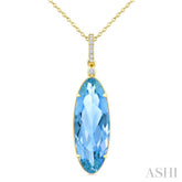 22X8 MM Oval Shape Blue Topaz and 1/20 Ctw Round Cut Diamond Semi-Precious Pendant With Chain in 14K Yellow Gold