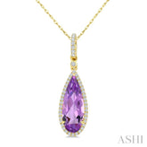 16X6 MM Pear Shape Amethyst and 1/5 Ctw Round Cut Diamond Semi-Precious Pendant With Chain in 10K Yellow Gold