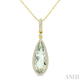16X6 MM Pear Shape Green Amethyst and 1/5 Ctw Round Cut Diamond Semi-Precious Pendant With Chain in 10K Yellow Gold