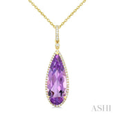 22X8 MM Pear Shape Amethyst and 1/4 Ctw Round Cut Diamond Semi-Precious Pendant With Chain in 14K Yellow Gold