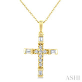 1/20 Ctw Baguette and Round Cut Diamond Cross Shape Fashion Pendant With Chain in 10K Yellow Gold