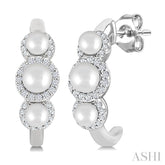 3MM & 4MM Cultured Pearl and 1/4 Ctw Round Cut Diamond Halo Half Hoop Earrings in 14K White Gold