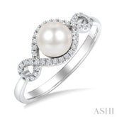 6 MM Cultured Pearl and 1/6 Ctw Round Cut Diamond Petite Halo Ring in 10K White Gold