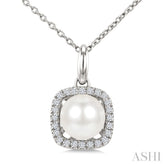 6 MM Cultured Pearl and 1/10 Ctw Round Cut Diamond Petite Cushion Shaped Fashion Pendant With Chain in 10K White Gold