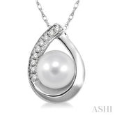 6.5 MM Round Shape Cultured Pearl and 1/20 Ctw Round Cut Diamond Pendant in 14K White Gold with Chain