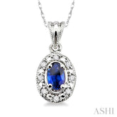 5x3 MM Oval Shape Sapphire and 1/20 Ctw Round Cut Diamond Pendant in 10K White Gold with Chain