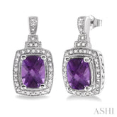 8x6 MM Cushion Shape Amethyst and 1/10 Ctw Round Cut Diamond Earrings in Sterling Silver