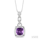 8x8 MM Cushion Checker Amethyst and 1/20 Ctw Round Cut Diamond Pendant in Sterling Silver with Chain