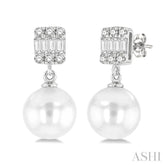 6 MM Cultured Pearls and 1/10 Ctw Baguette and Round Cut Diamond Earrings in 14K White Gold