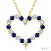 2.3 MM Round Cut Sapphire and 1/2 Ctw Open Heart Round Cut Diamond Precious Fashion Pendant With Chain in 14K Yellow Gold