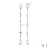 5 MM Round Shape Cultured Pearl and 1/10 Ctw Round Cut Diamond Station Long Earring in 14K White Gold