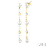 1/20 Ctw Cultured Pearls 4MM and Round Cut Diamond Station Long Earring in 14K Yellow Gold