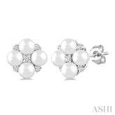 3 MM Floral Round Shape Cultured Pearl and 1/20 Ctw Round Cut Diamond Fashion Stud Earrings in 10K White Gold