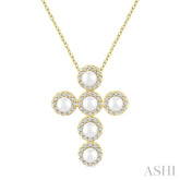 3 MM Round Shape Cultured Pearl and 1/4 Ctw Round Cut Diamond Cross Pendant With Chain in 14K Yellow Gold