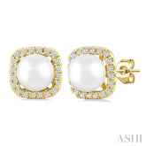 5 MM Cushion-Shaped Cultured Pearl and 1/8 Ctw Petite Round Cut Diamond Halo Stud Earrings in 10K Yellow Gold