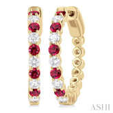2.4 MM Round Cut Ruby and 5/8 Ctw Round Cut Diamond Precious Hoop Earrings in 14K Yellow Gold