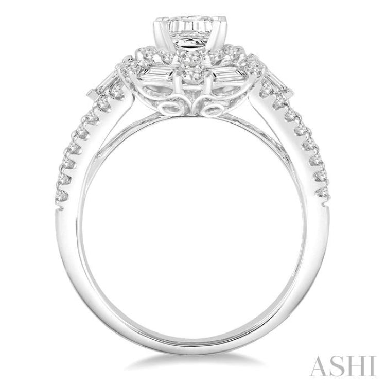 1 1/10 Ctw Emerald Shape Baguette and Round Cut Diamond Semi-Mount Engagement Ring in 14K White Gold