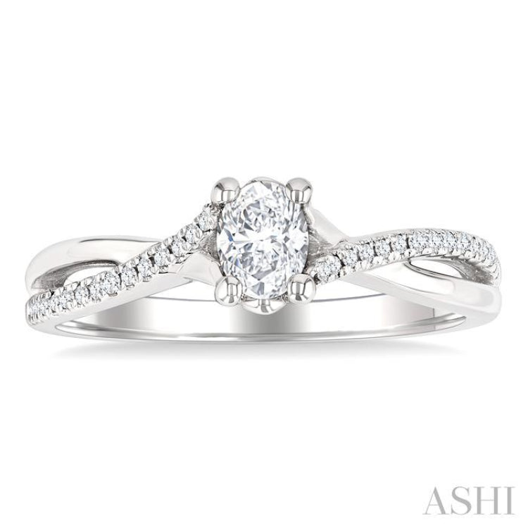 1/6 Ctw Split Crisscross Shank Oval Shape Round Cut Diamond Semi-Mount Engagement Ring in 14K White Gold