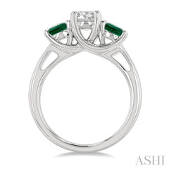 4.65 MM Round Shape Emerald and 3/4 Ctw Past, Present and Future Round Cut Diamond Precious Ring in 14K White Gold