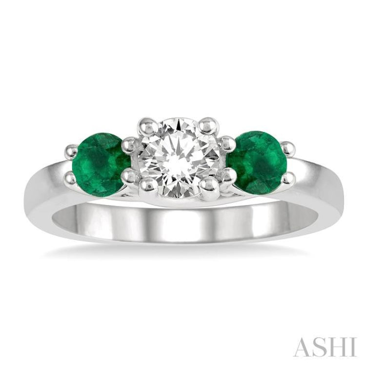 3.90 MM Round Shape Emerald and 1/2 Ctw Past, Present and Future Round Cut Diamond Precious Ring in 14K White Gold