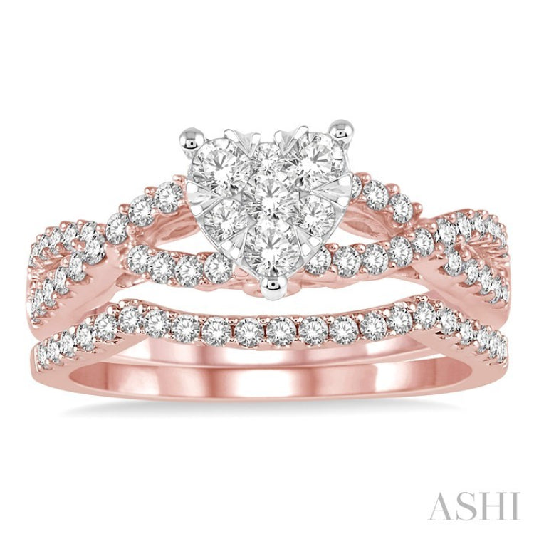 7/8 Ctw Diamond Lovebright Wedding Set with 3/4 Ctw Heart Shape Engagement Ring in Rose & White Gold and 1/6 Ctw Wedding Band in Rose Gold 14K