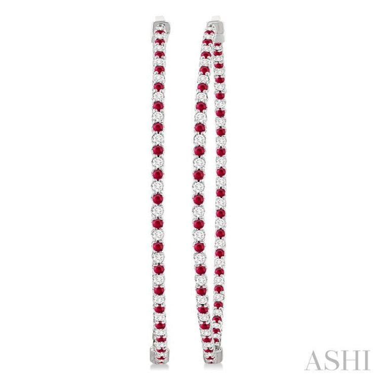 1.6 MM Ruby and Alternating 1 1/2 Ctw Round Cut Inside-Out Diamond Precious Hoop Earrings in 14K White Gold
