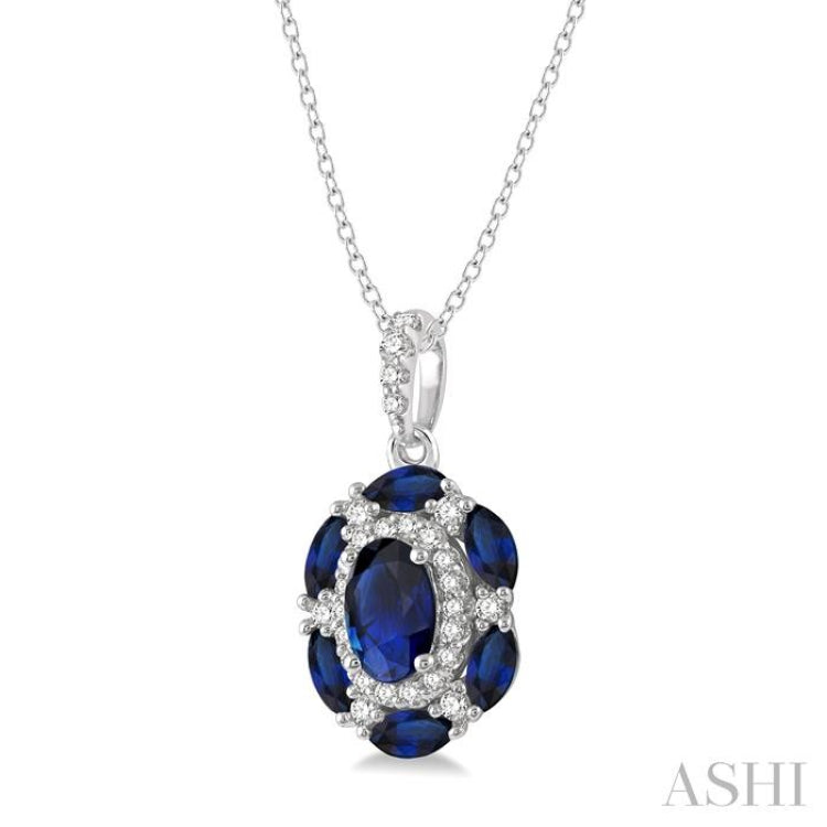6x4 MM Oval Cut & 4x2 MM Marquise Cut Sapphire and 1/6 Ctw Round Cut Diamond Precious Pendant With Chain in 14K White Gold