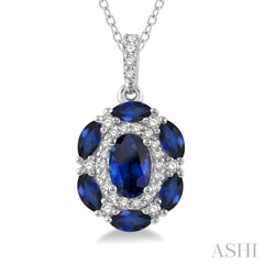 6x4 MM Oval Cut & 4x2 MM Marquise Cut Sapphire and 1/6 Ctw Round Cut Diamond Precious Pendant With Chain in 14K White Gold