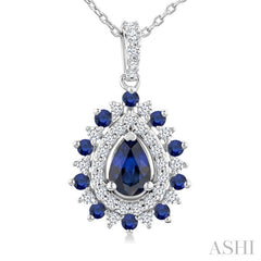 6X4 MM Pear Cut & 1.55 MM Round Cut Sapphire and 1/4 Ctw Round Cut Diamond Floral Precious Pendant With Chain in 14K White Gold