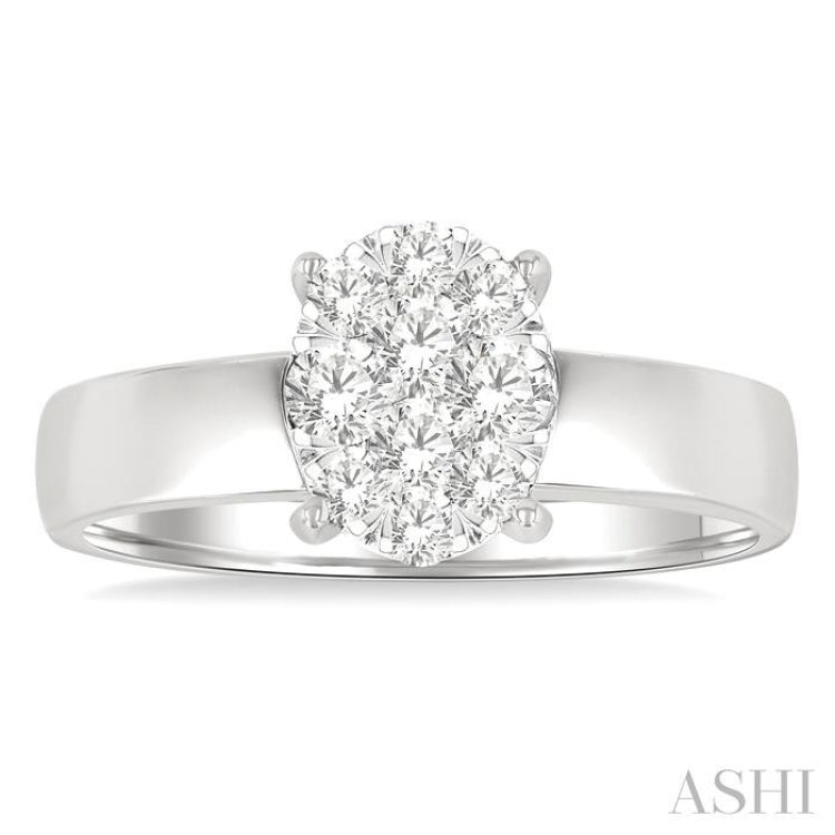 1/2 Ctw Bold Shank Oval Shaped Lovebright Round Cut Diamond Ring in 14K White Gold