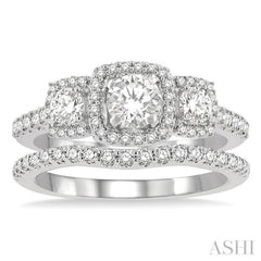 1 1/4 Ctw Diamond Wedding Set With 1 Ct Triple Cushion Shape Past, Present & Future Engagement Ring and 1/4 Ct Curved Wedding Band in 14K White Gold