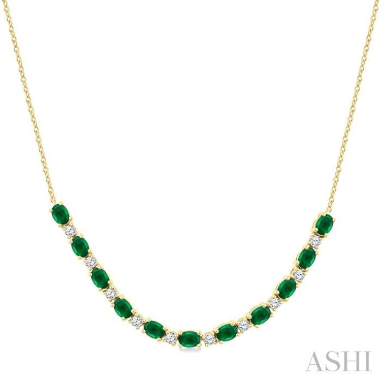 4X3 MM Oval Shape Emerald and 1/2 Ctw Round Cut Diamond Precious Tennis Necklace in 14K Yellow Gold