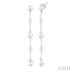4 MM Round Shape Cultured Pearls and 1/20 Ctw Round Cut Diamond Station Long Earring in 14K White Gold