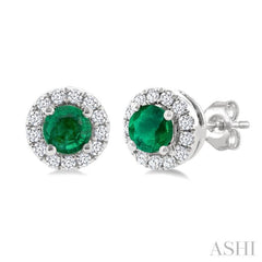 3.25 MM Round Emerald and 1/10 Ctw Round Cut Diamond Halo Precious Stud Earrings in 14K White Gold