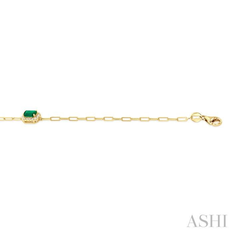 5x3 MM Emerald and 1/20 Ctw Round Cut Diamond Halo Precious Paperclip Bracelet in 10K Yellow Gold
