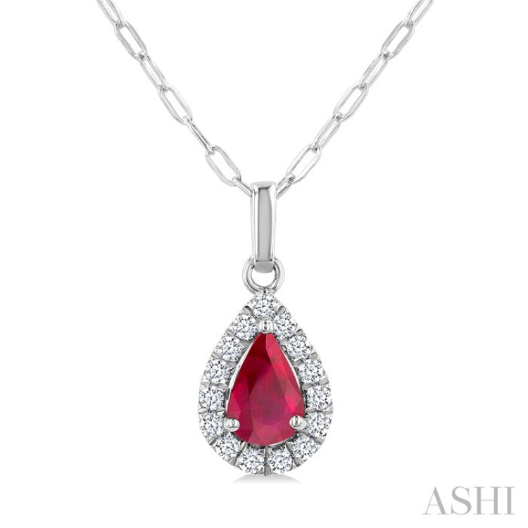 6x4 MM Pear Shape Ruby and 1/6 Ctw Round Cut Diamond Halo Precious Pendant with Chain in 14K White Gold
