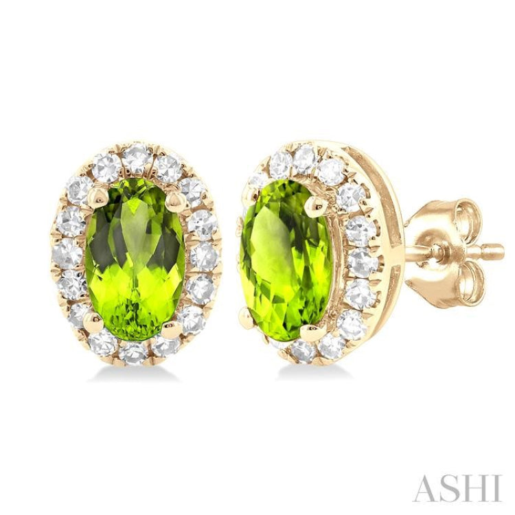 5x3 MM Oval Shape Peridot and 1/8 Ctw Round Cut Diamond Halo Semi-Precious Stud Earrings in 14K Yellow Gold